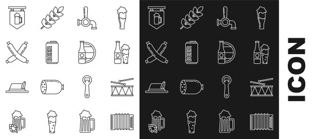 乐器手风琴，鼓和鼓棒，啤酒瓶玻璃，水龙头，罐头，交叉香肠，街头招牌与啤酒和木桶的图标。向量图片下载