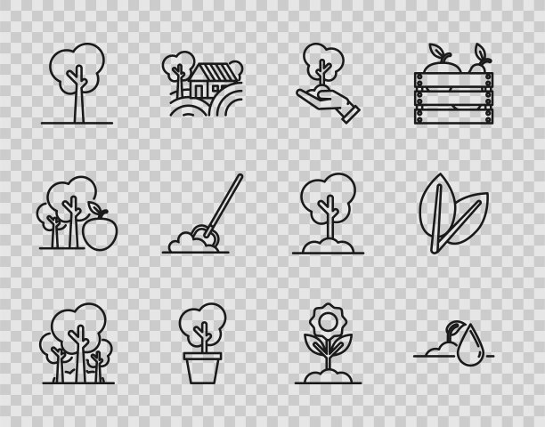 设置线树、浇苗、环保之手、花盆、铲地、花和叶的图标。向量图片下载