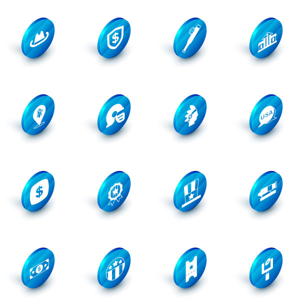 设置盾与美元，棒球棒球，白宫，鹰，美元符号，美式足球头盔，美国独立日和印第安人的图标。向量图片下载