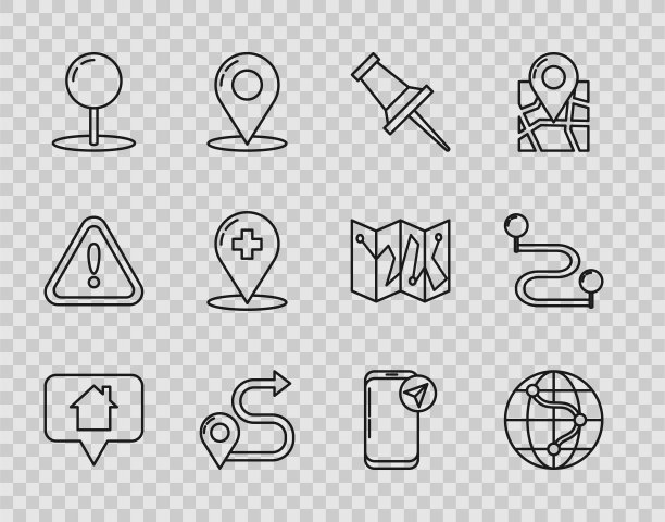 设置线地图指针与房子，在地球上的位置，推销，路线位置，医疗地图交叉医院，城市导航信息图和图标。向量图片下载