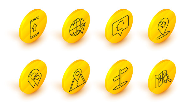 设置线折叠地图与位置标记，道路交通标志，地图针，医疗指针交叉医院，房子，位置全球和城市导航图标的信息图。向量图片下载