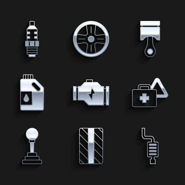 设置检查发动机，汽车轮胎轮，消声器，急救箱和警告三角，变速杆，机油罐，发动机活塞和火花塞图标。向量图片下载