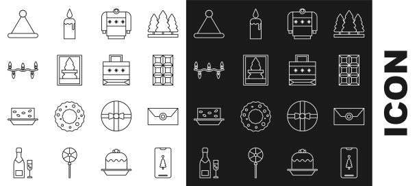 集智能手机与礼盒，信封圣诞派对邀请卡，巧克力棒，圣诞毛衣，明信片，灯，圣诞老人帽子和纸购物袋图标。向量图片下载