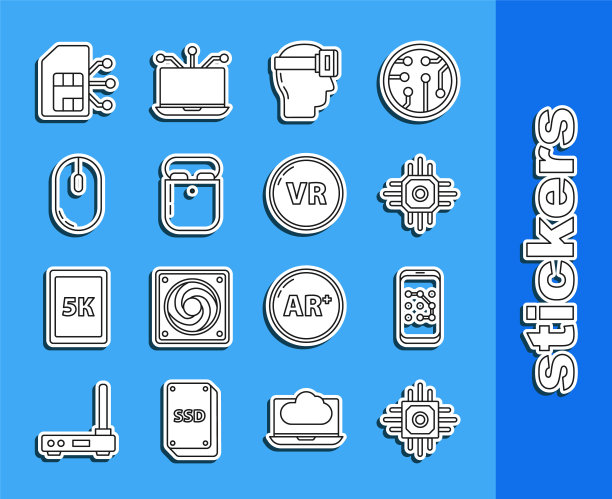 可设置线处理器、手机和图形密码保护、虚拟现实眼镜、耳机盒、电脑鼠标、Sim卡和图标。向量图片下载