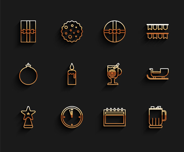 集圣诞星星、时钟、礼盒、挂历、棉花糖热巧克力杯、烛台上燃烧的蜡烛、圣诞老人的雪橇和饮料图标的热葡萄酒杯。向量图片下载