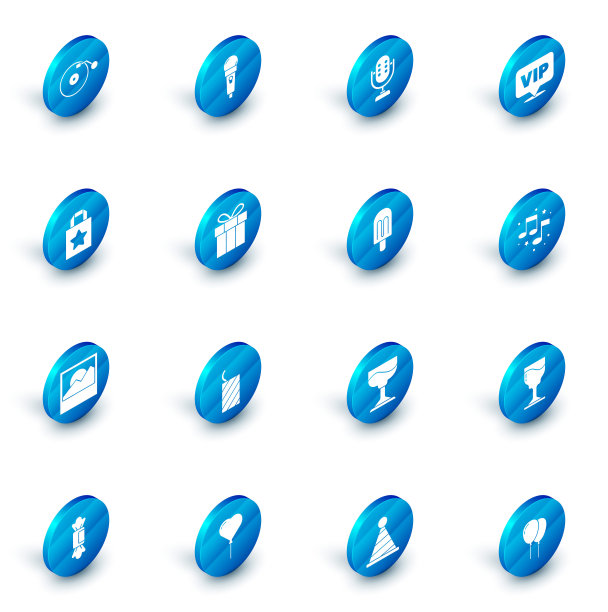 设置麦克风，位置Vip，纸购物袋，照片，礼品盒，音乐笔记，音调和冰淇淋图标。向量图片下载