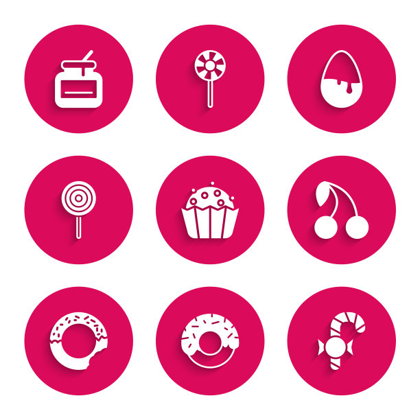 设置纸杯蛋糕，甜甜圈，圣诞糖果拐杖，樱桃，棒棒糖，巧克力鸡蛋和蜂蜜图标的罐子。向量图片下载