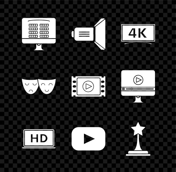 设置在线购买电影票，电影聚光灯，笔记本电脑屏幕高清视频技术，播放，奖杯，喜剧和悲剧戏剧面具和视频图标。向量图片下载