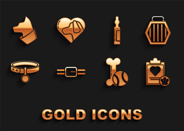 设置项圈与姓名标签，宠物手提箱，剪贴板医疗临床记录宠物，玩具骨胶和球，宠物瓶，猫和心脏狗图标。向量图片下载