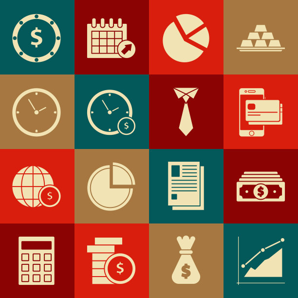 设置饼图信息图，叠纸钱现金，手机和信用卡，时间是，时钟，硬币与美元符号和领带图标。向量图片下载