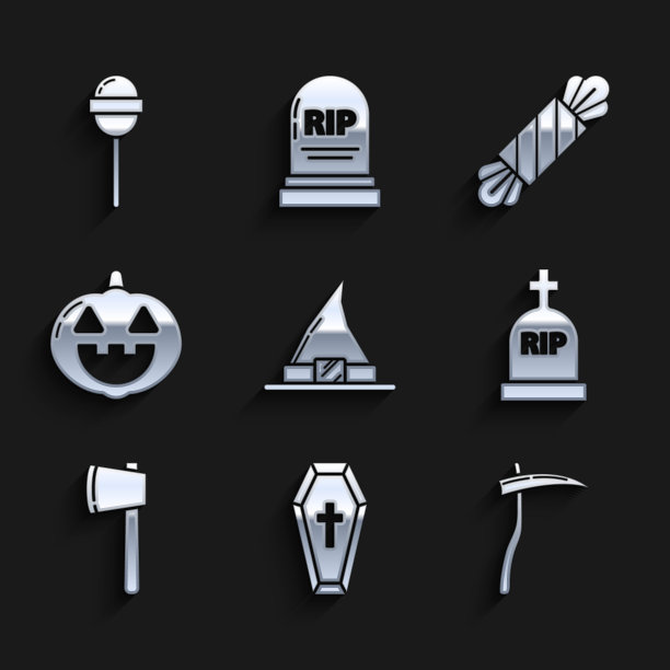 设置女巫帽，棺材与基督教十字架，镰刀，墓碑RIP，木斧，南瓜，糖果和棒棒糖的图标。向量图片下载