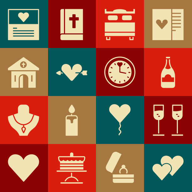 心，玻璃香槟，香槟瓶，卧室，爱情与心和箭，教堂建筑，贺卡和时钟图标。向量图片下载