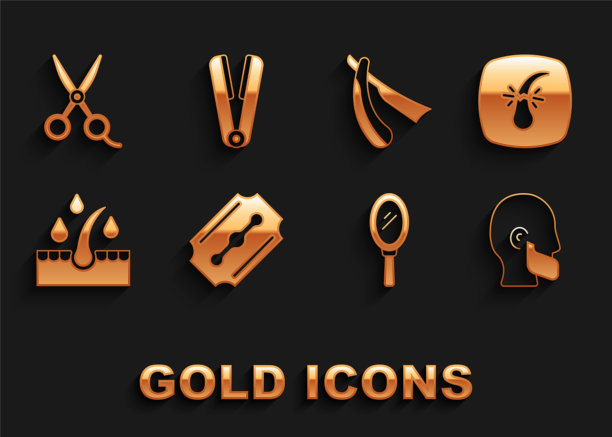 设置刀片剃须刀，破碎的毛囊，胡子和胡须，手镜，油护理治疗，直，剪刀理发师和卷发铁图标。向量图片下载