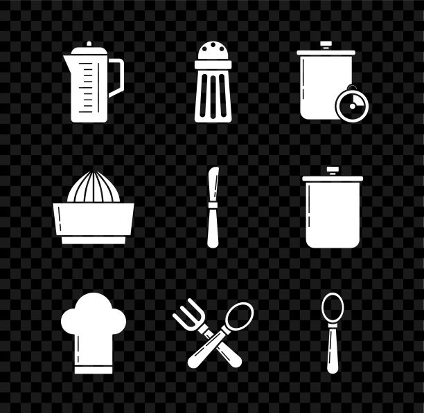 设置茶壶，盐，烹饪和厨房定时器，厨师帽，叉勺，勺子，柑橘果汁机和刀图标。向量图片下载