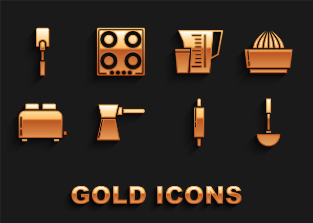 设置咖啡土耳其，柑橘果汁机，厨房勺子，擀面杖，烤面包机，测量杯，刮刀和煤气炉图标。向量图片下载