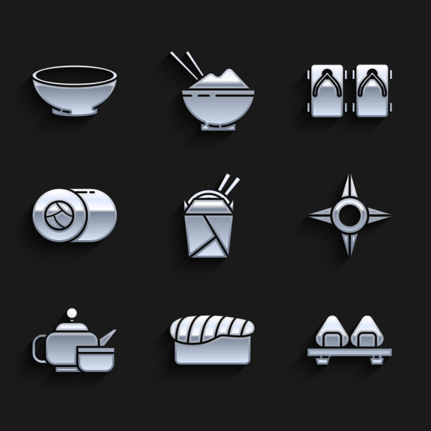 纸盒亚洲面条和筷子，寿司，砧板，日本忍者飞镖，茶道，Geta传统鞋和碗热汤图标。向量图片下载