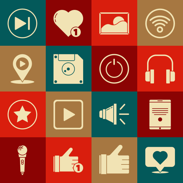设置Like和心脏，平板电脑，耳机，图片景观，软盘计算机数据存储，数字媒体播放与位置，快进和电源按钮图标。向量图片下载