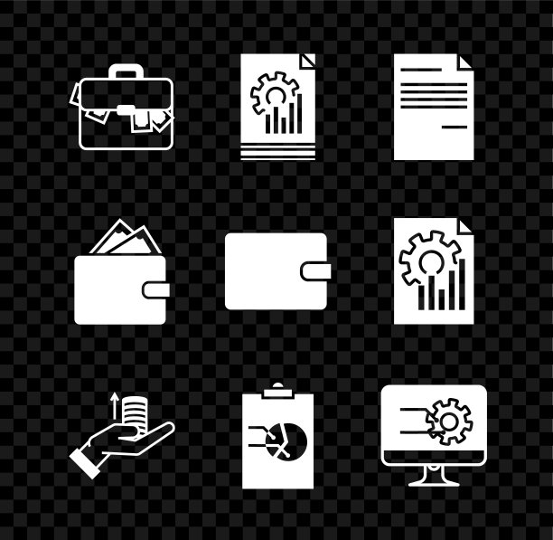 设置公文包和钱，文件与图表，钱手，剪贴板，电脑显示器，钱包叠纸现金和图标。向量图片下载