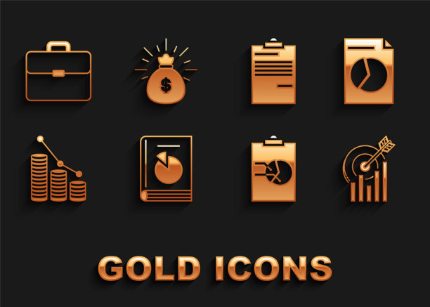 设置用户手册，文档与图表，目标，剪贴板，饼信息图形和硬币，公文包和钱袋图标。向量图片下载