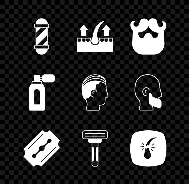 集经典理发店杆，人的毛囊，胡子和胡须，刀片剃须刀，剃须，破碎，须后水雾化器和发型为男人的图标。向量图片下载