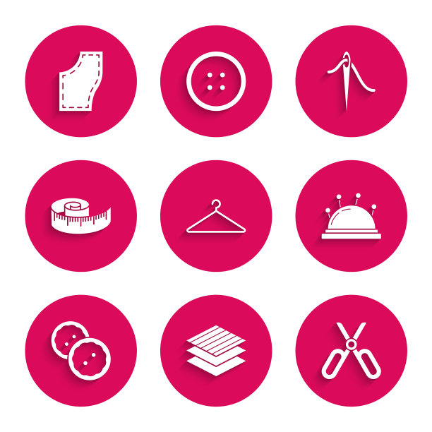 设置衣架衣柜，纺织织物卷，剪刀，针床和针，缝纫按钮的衣服，卷尺，缝纫线和图案图标。向量图片下载