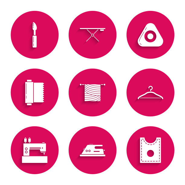 集编织，电熨斗，缝纫图案，衣架衣柜，机器，纺织织物卷，粉笔和刀具图标。向量图片下载