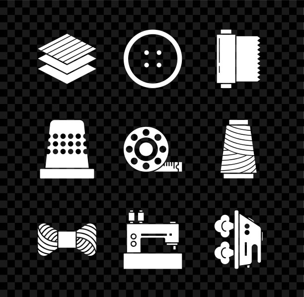 设置纺织面料卷，衣服缝纫按钮，线轴，机器，电熨斗，顶针缝纫和卷尺图标。向量图片下载