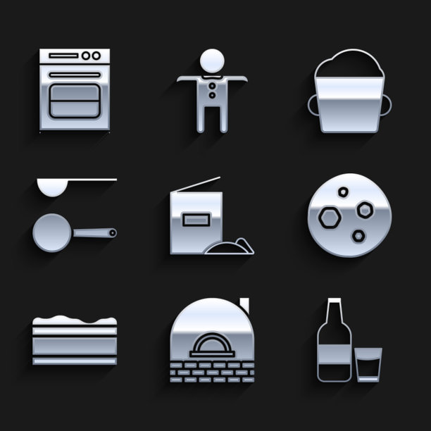 设置面粉包装，砖炉，玻璃瓶牛奶和玻璃，饼干或饼干巧克力，布朗尼蛋糕，测量勺子，面包房碗面团和烤箱图标。向量图片下载