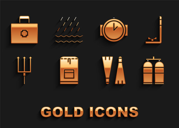 设置背包，通气管，水肺，橡胶脚蹼游泳，海王星三叉戟，潜水手表，急救箱和雨和海浪的图标。向量图片下载