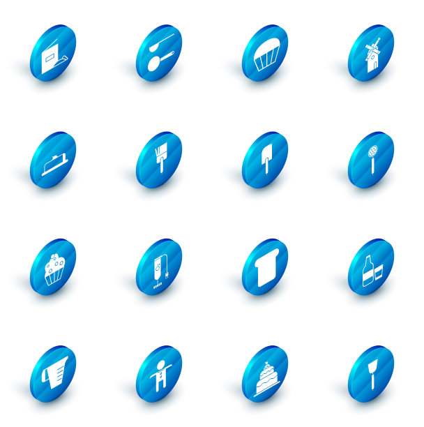 设置测量勺子，松饼，风车，草莓芝士蛋糕片，纸杯蛋糕，厨房刷，过滤器和刮刀图标。向量图片下载