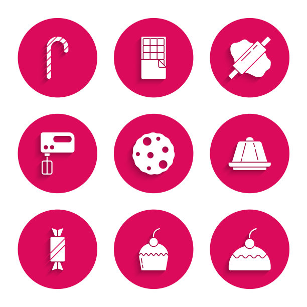 设置饼干或饼干，蛋糕，布丁蛋羹，糖果，电动搅拌器，擀面杖在面团和圣诞糖果藤图标。向量图片下载