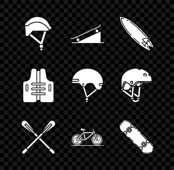设置自行车头盔，滑板在街道坡道，冲浪板，交叉划桨，技巧，救生衣和头盔图标。向量图片下载