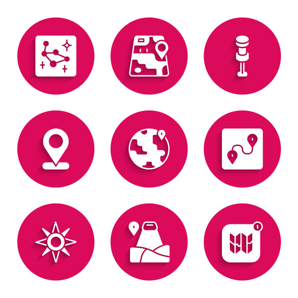 在地球上设置位置，有山，城市地图信息图，路线位置，风玫瑰，推针和大熊星座图标。向量图片下载