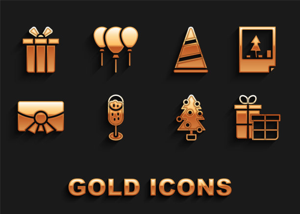 集香槟，圣诞明信片，礼品盒，树，派对帽子，气球与丝带图标。向量图片下载