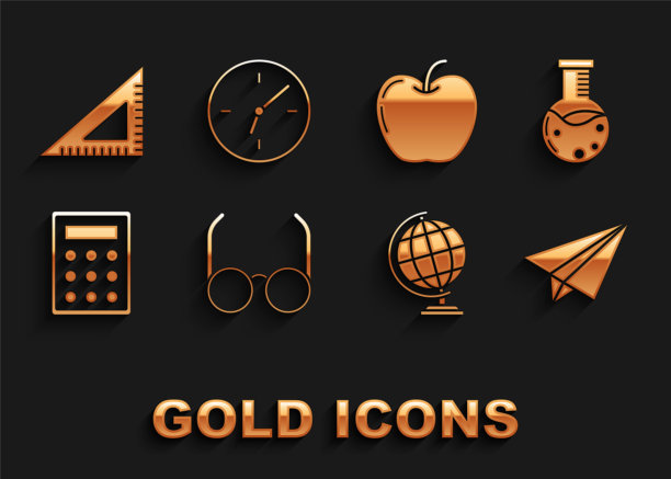 设置眼镜，试管和烧瓶化学实验室，纸飞机，地球仪，计算器，苹果，三角形尺和时钟图标。向量图片下载