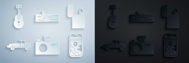 设置照片相机，打火机，汽车，城市地图导航，木制日志和吉他图标。向量图片下载