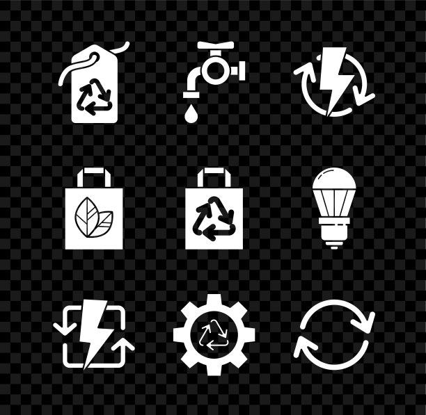 设置标签回收符号，水龙头，充电，回收和齿轮，刷新，纸购物袋和图标。向量图片下载