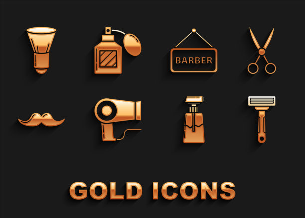 设置吹风机，剪刀理发师，剃须剃须刀，霜乳液化妆品管，胡子，理发店，刷和须后水图标。向量图片下载