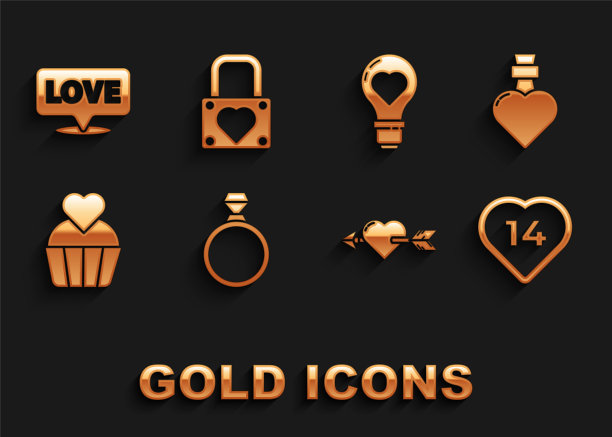 集钻石订婚戒指，瓶子与爱情药水，心，爱的心和箭，婚礼蛋糕，形状灯泡，语音气泡文本和锁图标。向量图片下载