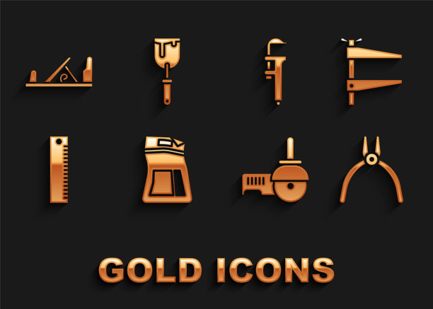 设置水泥袋、夹钳、钳子、角磨机、直尺、卡尺或卡尺+天平、木刨、油灰刀图标。向量图片下载