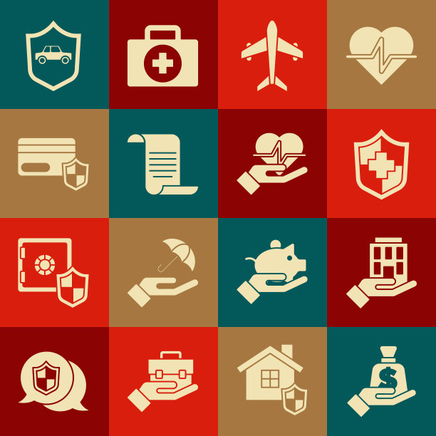 设置金钱在手，房子，人寿保险盾牌，飞机，文件，信用卡，汽车和图标。向量图片下载