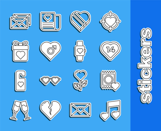 设置线音乐笔记，音调与心，避孕套包装，心，糖果形状的盒子，男性，礼物，信封情人节和中心腕表图标。向量图片下载