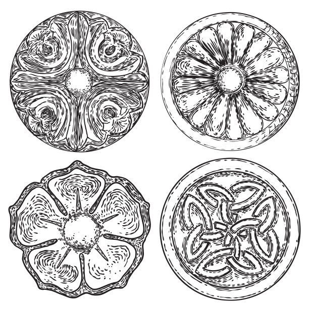一套优雅的复古圆形花卉装饰在古典风格。圆形东方花朵元素为图案。圆形灰泥天花板造型玫瑰花饰。向量。图片下载