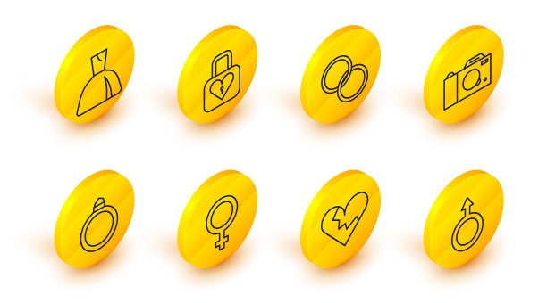 设定线男性性别符号，心碎或离婚，女性，钻石订婚戒指，相机，结婚戒指，锁和女人的服装图标。向量图片下载