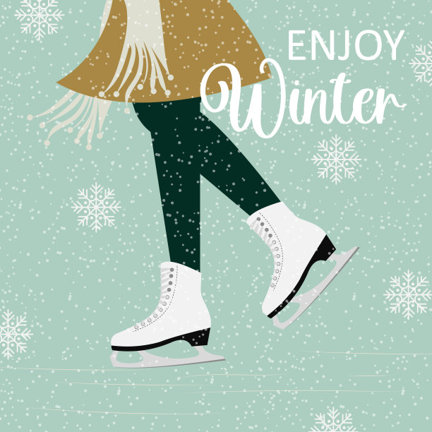 喜欢冬天。滑冰。新年快乐，圣诞快乐。蓝色背景的雪花寒假贺卡。向量。图片下载