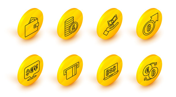 设置线加密货币交换，信用卡插入，货币，金融增长和比特币，手握钱，英镑硬币和钱包图标。向量图片下载