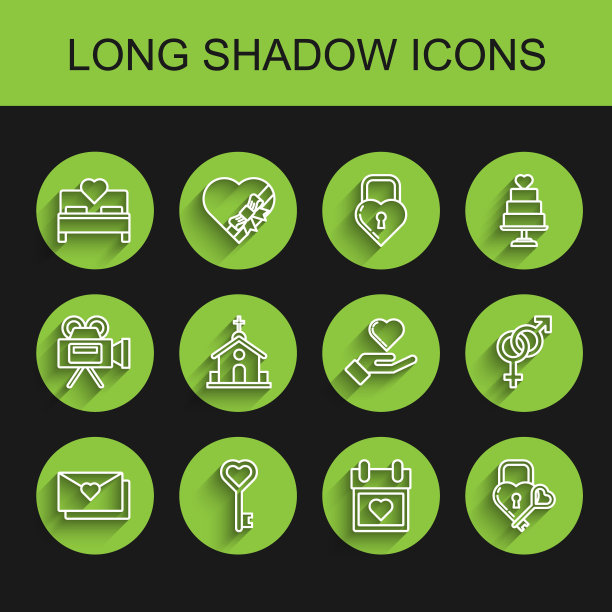 集线信封与情人节的心，钥匙形状，卧室，日历，城堡和钥匙，教堂建筑，性别和心在手上的图标。向量图片下载