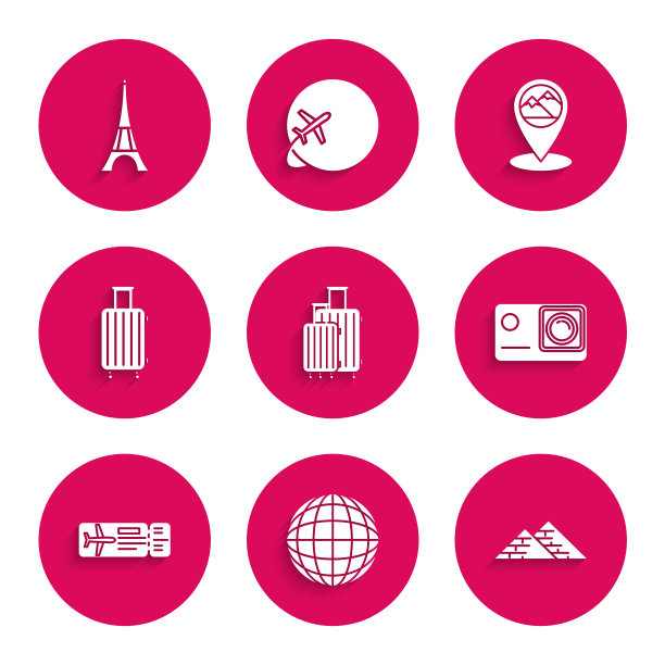 旅行箱，地球，埃及金字塔，行动极端相机，机票，地图指针山和埃菲尔铁塔图标。向量图片下载
