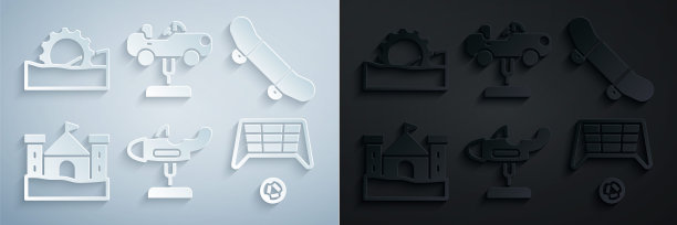 设置秋千平面、滑板技巧、沙堡、带球足球球门、汽车和摩天轮图标。向量图片下载