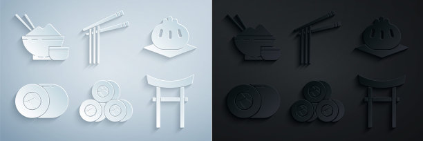 寿司，Khinkali砧板，日本门，亚洲面条和筷子和米饭碗图标。向量图片下载